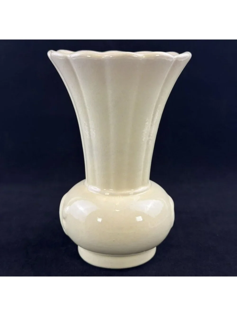 Vintage Cream Ceramic Vase Scalloped Rim Embossed Scroll 6.5” Tall Pottery